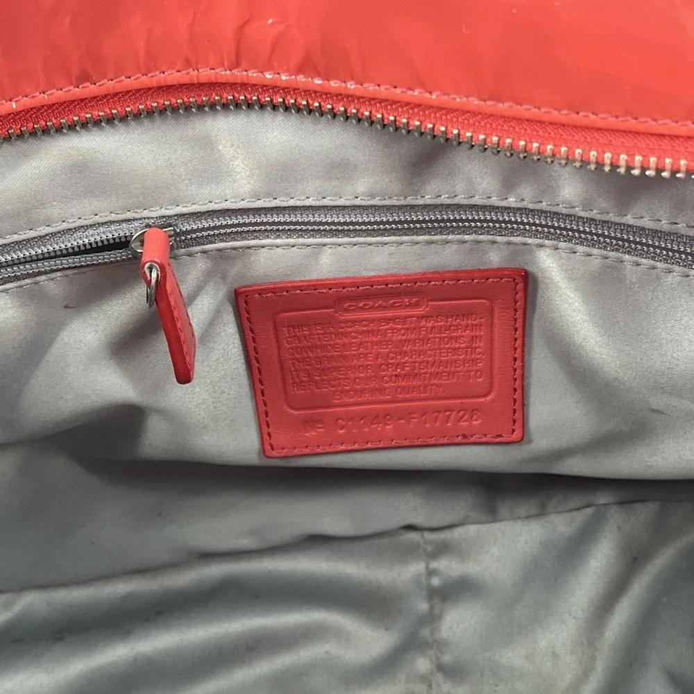 Coach Signature Embossed Patent Leather Coral Orange Satchel Tote Coral Orange